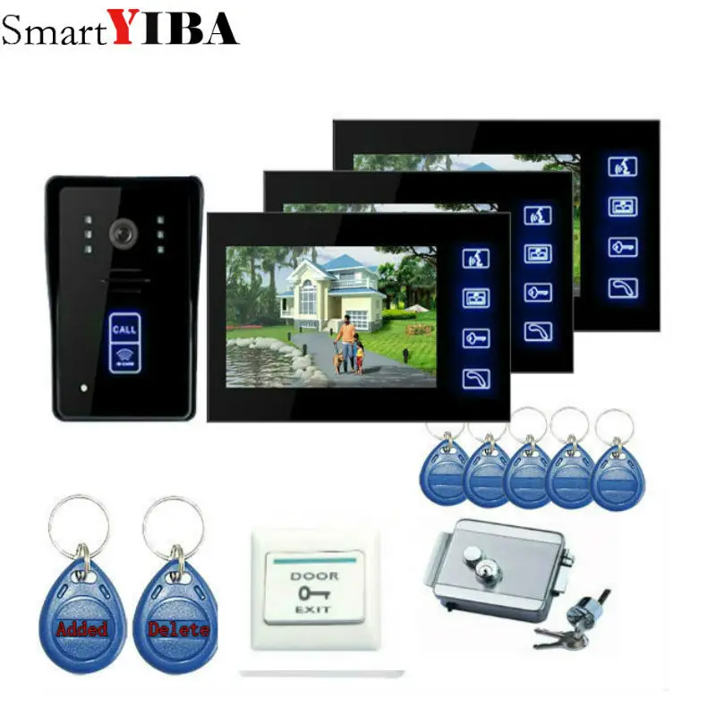 SmartYIBA 3 house 7\ Color TFT LCD Video Intercom Door Bell Phone Dual-way Video Intercom with 5pcs RFID ID Card