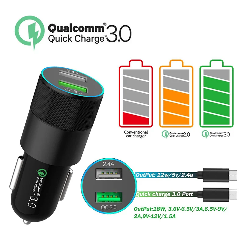 Быстрое Автомобильное зарядное устройство, адаптер Qualcomm Quick Charge 3,0, двойной usb-порт для мобильного устройства, совместимый с iPhone Xiaomi samsung