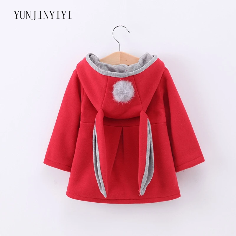 Коллекция года, весенне-зимнее пальто с длинными рукавами для маленьких девочек, куртка с капюшоном с заячьими ушками, повседневная верхняя одежда костюм с милым кроликом