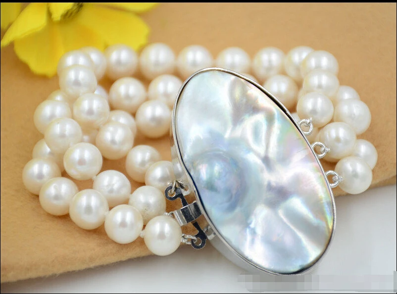 

hot sale FREE SHIPPING *******z6447 3strands 11mm ROUND white Fw cultured PEARL bracelet mabe clasp 8inch