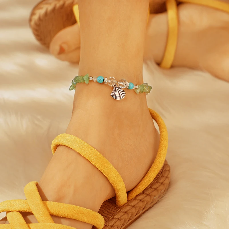 

Docona Women Boho Beach Beads Shell Conch Green Stone Pendant Anklet Handmade Rhinestone Adjustable Bracelet Foot Jewelry 7047