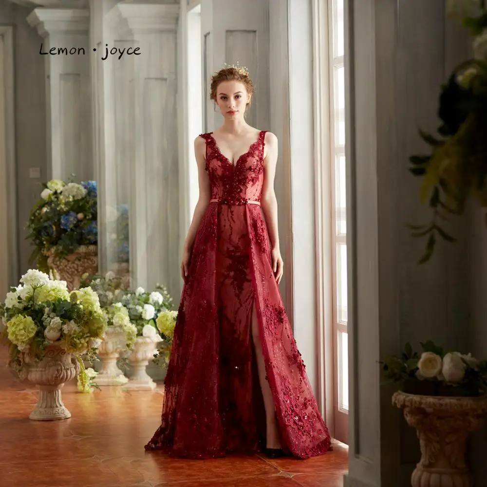 

Lemon joyce Luxury Evening Dresses 2019 Sexy V-neck Backless Beading A-line Side Split Floor-Length Party Gowns Plus Size