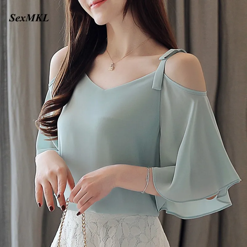 

SEXMKL Sexy Chiffon Summer Blouse Women 2019 Fashion Casual Butterfly Sleeve Shirt Korean Ladies Tops White Blouses Blusas Mujer