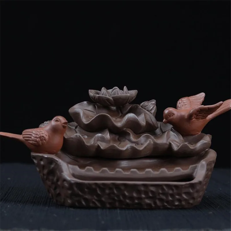 New Purple Clay Bird Lotus Waterfall Backflow Incense Burner Home Teahouse Tabletop Decor Incense Holder Censer+10pcs Free Cones