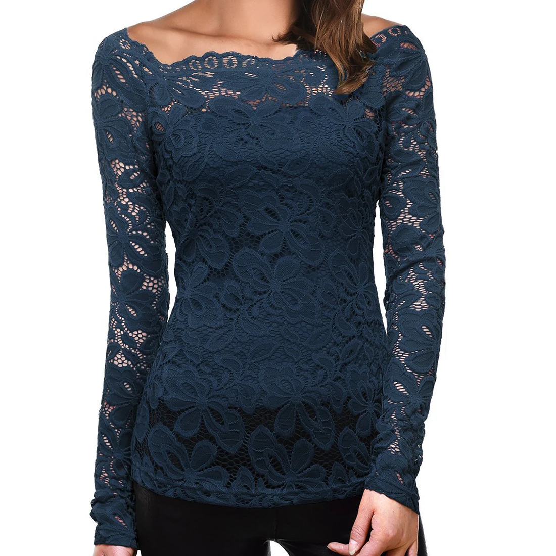 T shirt Neckline Lace Long Sleeve Boat Lace Womenin TShirts from