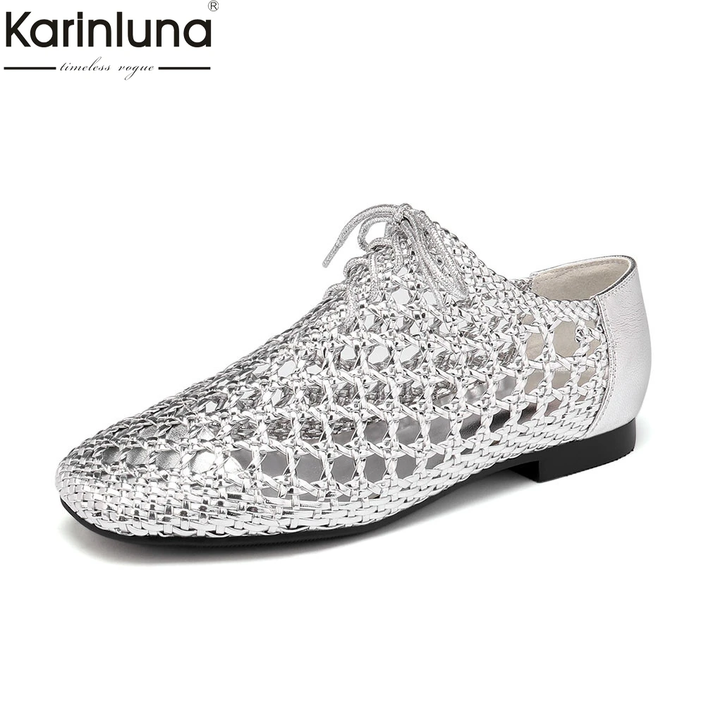 

Brand large Size 33-43 Weave comfortable Genuine Leather Lace Up Hollow Shoes Woman casual Summer flats 2019