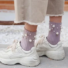 ZZIYEETTM/1 пара; сезон осень-зима; теплые хлопковые носки ручной работы для женщин и девочек; Модные Повседневные носки с жемчужинами и бусинами