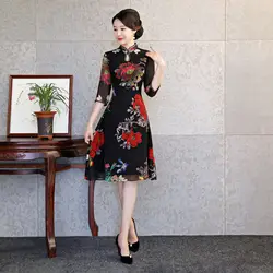 Пикантные черные Для женщин Qipao Китайский Винтаж с цветочным принтом Cheongsam Плюс Размеры воротник-стойка тонкие атласные вечерние платья