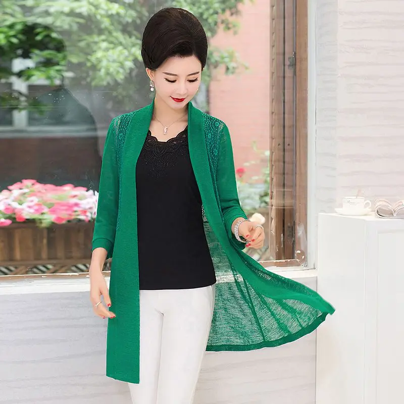 

2019 Middle-aged Lace Mesh cardigan Jacket Summer Air-conditioning Coat Plus size Mid-long Sun protection clothes NZYD1338