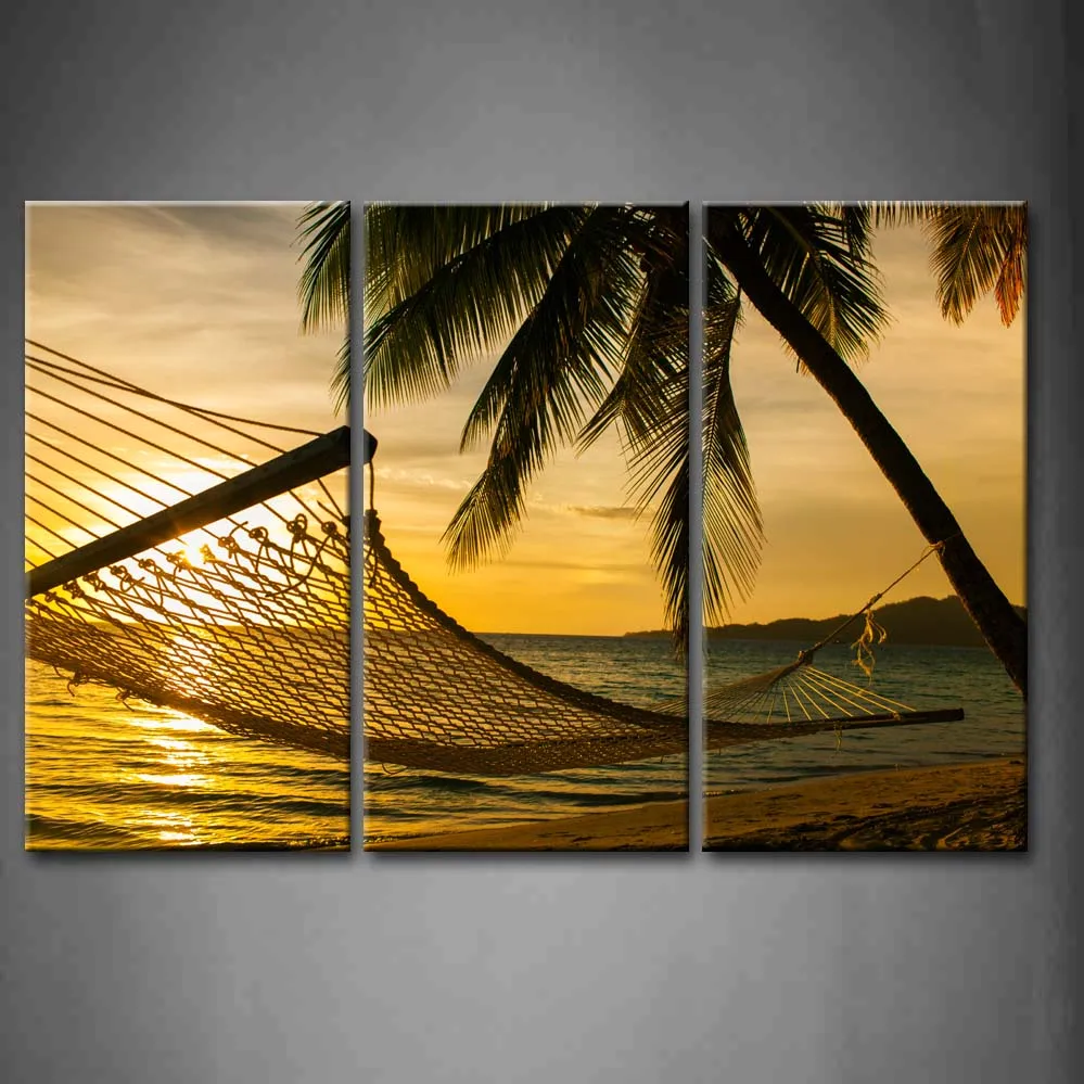 

3 Panels Framed Wall Art Pictures Hammock Trees Beach Sunset Canvas Print Landscape Posters With Wooden Frames For Decor
