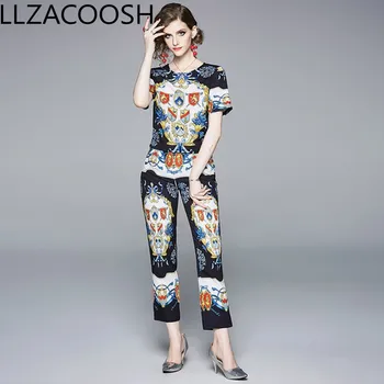 

Fashion Designer Runway 2 Piece Set 2019 Summer Women Vintage Pattern Print Top Shirt + Zipper Pocket Ankle-Length Pant