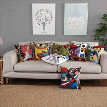 

Home Decorative Embroidered Cushion Cover Canvas/ Cotton Square Embroidery Pillow Cover Abstract Colorful Art Decor 45x45cm