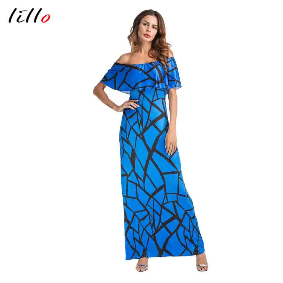 

Sexy off-the-shoulder long dress digital print dress with lotus leaf edge fashionable beach dress Bohemian national style leisur