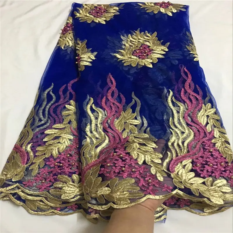 

Pretty style soft lace fabric with beads 5 yard nice quality african french lace fabric with nice blue lace for women dress