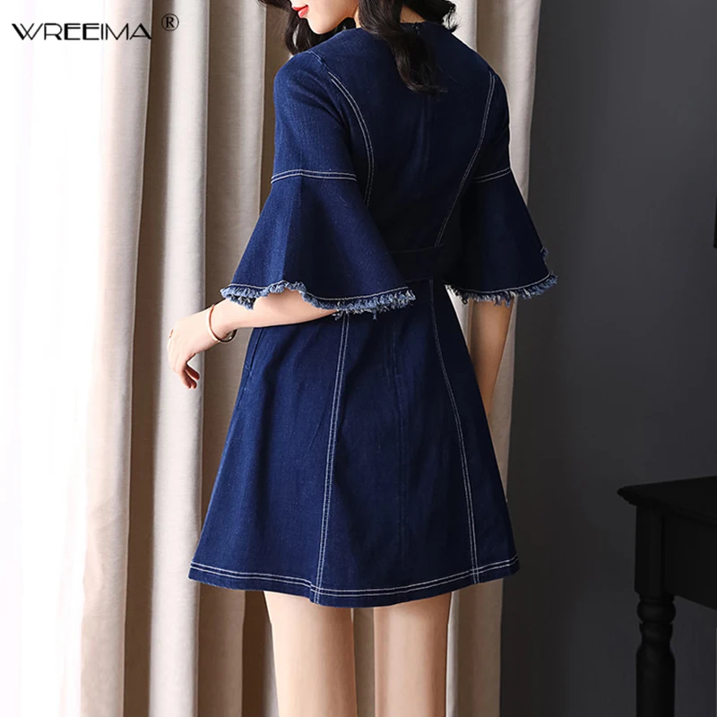 2019 Spring Fashion Retro Burr O-Neck Women Denim Dress Slim Casual Sashes Cowboy Jeans A-Line Mini Dresses Vestidos HJ02 | Женская
