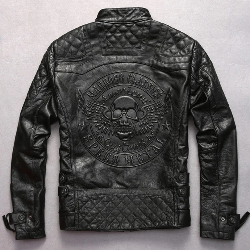 2016 skulls genuine leather jacket men Open wire quilting pattern real cowskin wind jacket men's motorcycle jacket black blue