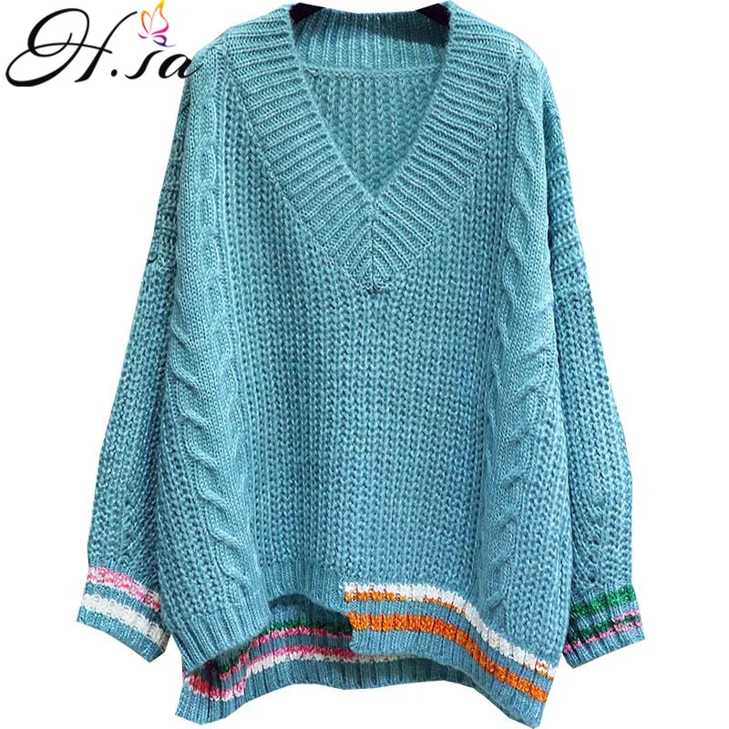 Koop HSA Vrouwen Trui en Truien 2018 Herfst Trui Jumpers Effen Gestreepte v hals Onregelmatige Fashion Koreaanse Jumpers Oversize Tops
