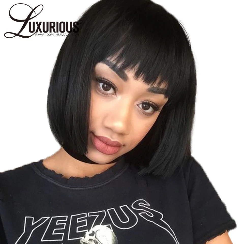 

Glueless Human Hair Short Bob Wig For Women Brazilian Remy Hair 150% Density Lace Front Human Hair Wigs With Bang Bleached Knots