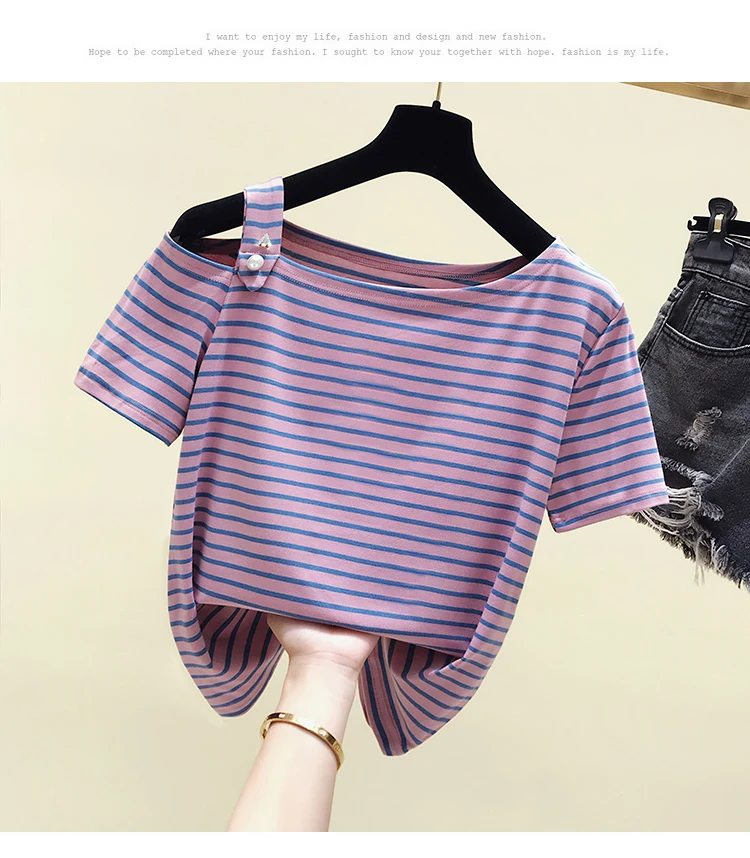 gkfnmt T-Shirt Cotton Striped Slash Neck T Shirt Women Ladies Tshirt Summer Top Female Short Sleeve Casual Tee Shirt Femme