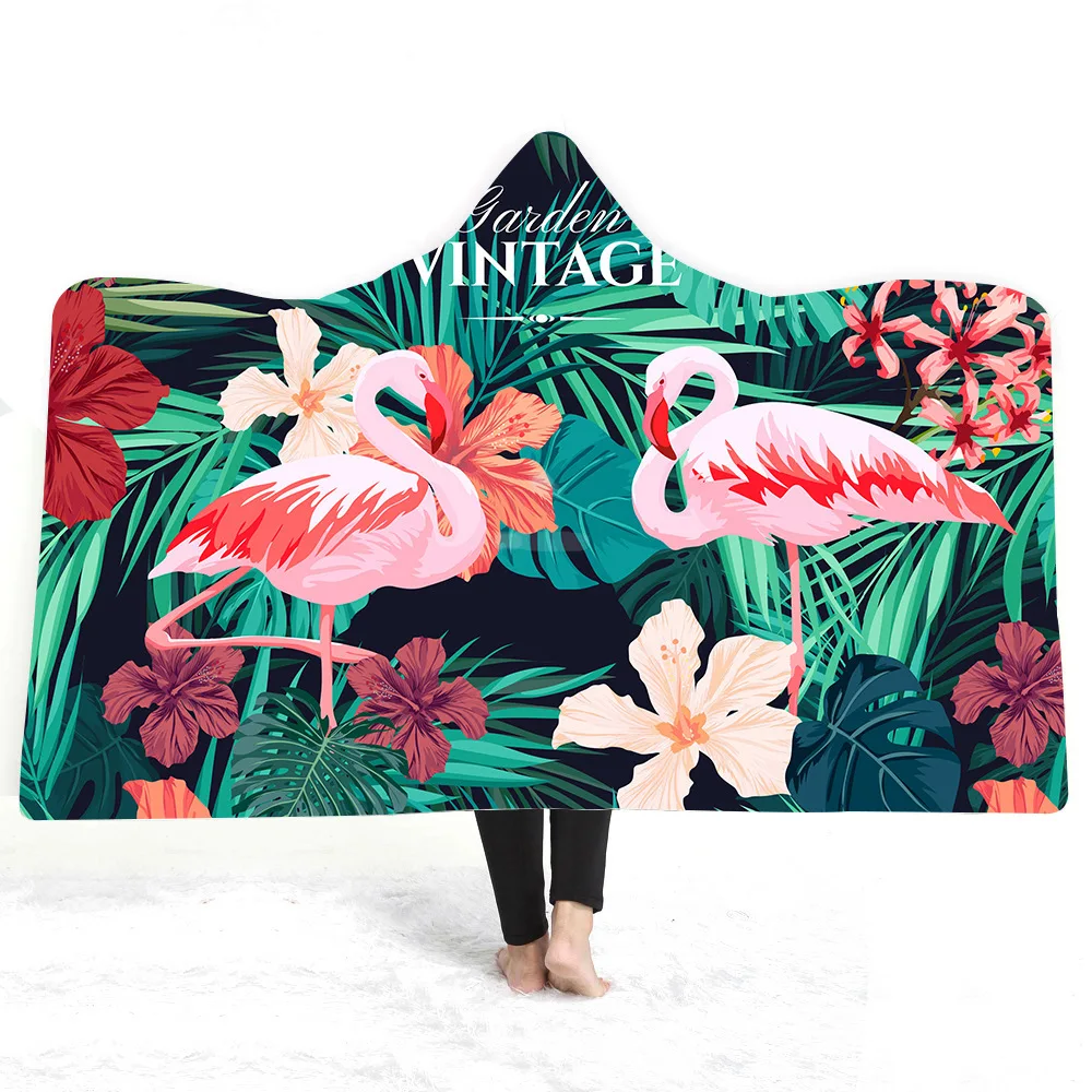 

Flamingo Hooded Blanket Tropical Sherpa Fleece Wearable Blanket Floral Kids Adults Throw Blanket Home Textiles on Bed Sofa