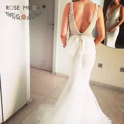 Роза Moda Backless свадебное платье в стиле бохо 2019 с жемчугом предназначение для невест платья с кристаллами Sash