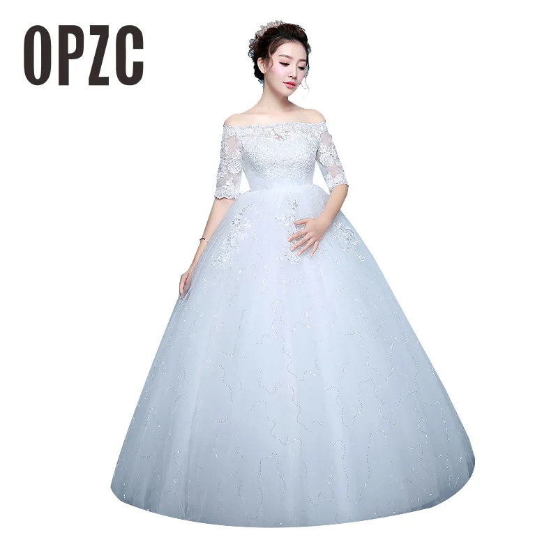 

White Vestidos De Noiva 2017 Wedding Dresses New Arrival Lace Boat Neck Lace Up Ball Gown Princess Pregnant