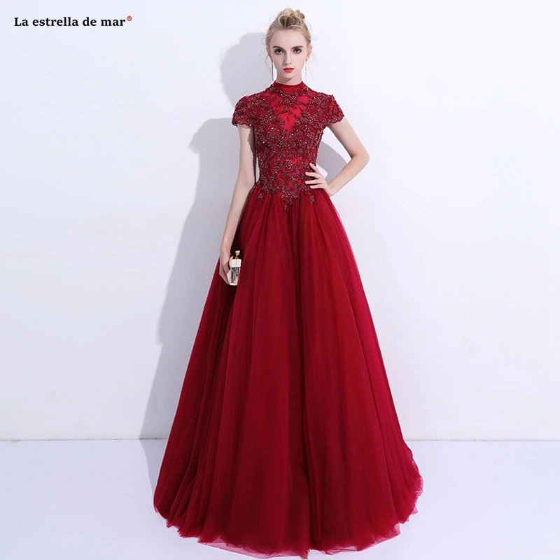 

Vestido de fiesta para boda2021 new tulle high neck crystal short sleeve back A line burgundy bridesmaid dresses long wedding
