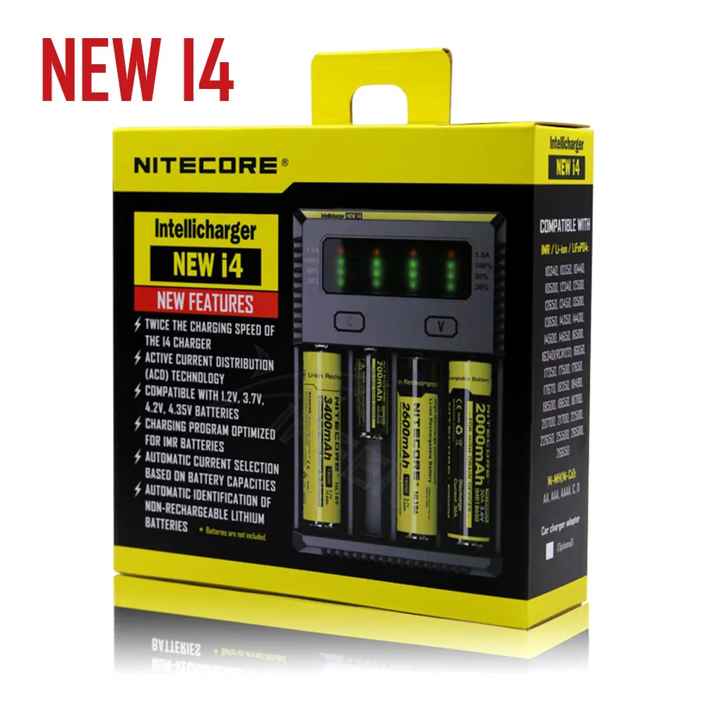 Оригинальное Nitecore зарядное устройство I8 Новое I2 I4 lcd интеллектуальное зарядное устройство Li-Ion 18650 14500 16340 26650 AAA AA 12V зарядное устройство - Цвет: NEW I4