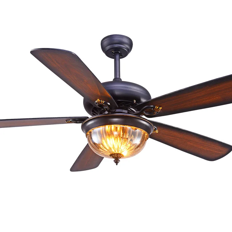 

QUKAU Restaurant 42inch E14 socket 3 bulbs ceiling fan lamp living room antique wall control ceiling fan light wooden leaf