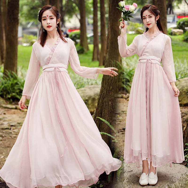 

2019 new fashion temperament Hanfu improved vintage dress fairy chiffon waist dress
