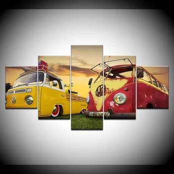 

Modern home wall art deco frame picture print 5 pieces Volkswagen bus car painting on canvas retro poster illustration