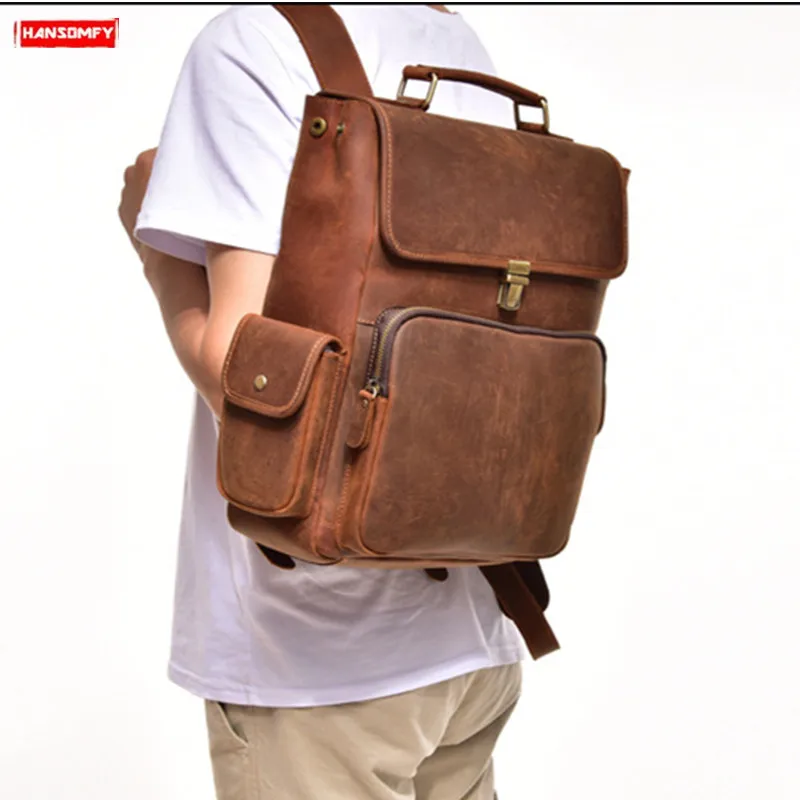 

2019 new First layer leather men backpack retro male lock shoulder bag brown genuine leather travel bag wear vintage backpacks