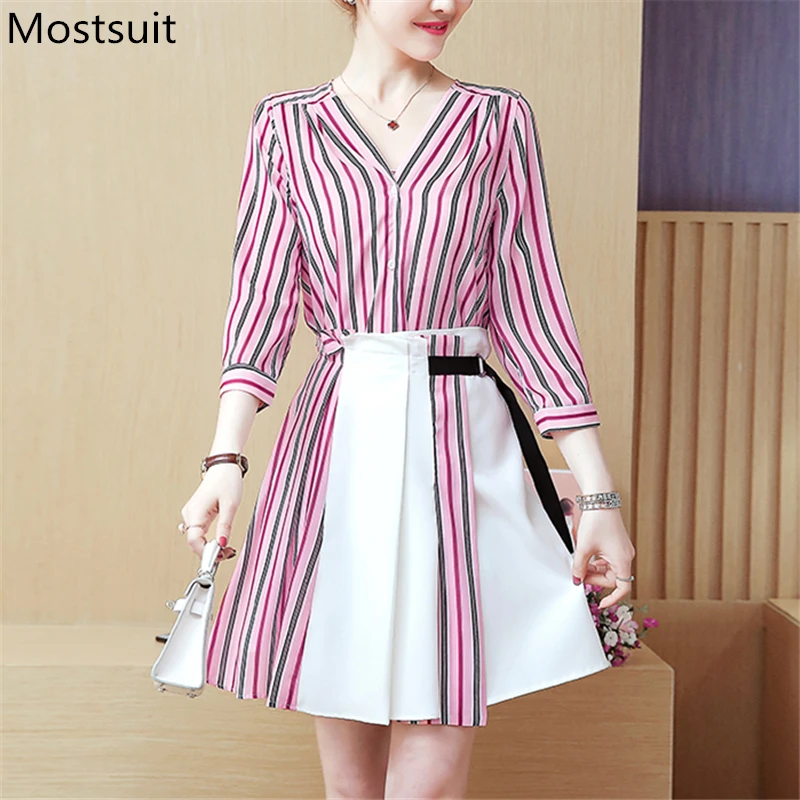 

S-xl Fashion Red Striped 2 Piece Skirt Set Women Summer Korean Lady Office V-neck Tunic Mini Sets Suit Twinset Terno Feminino