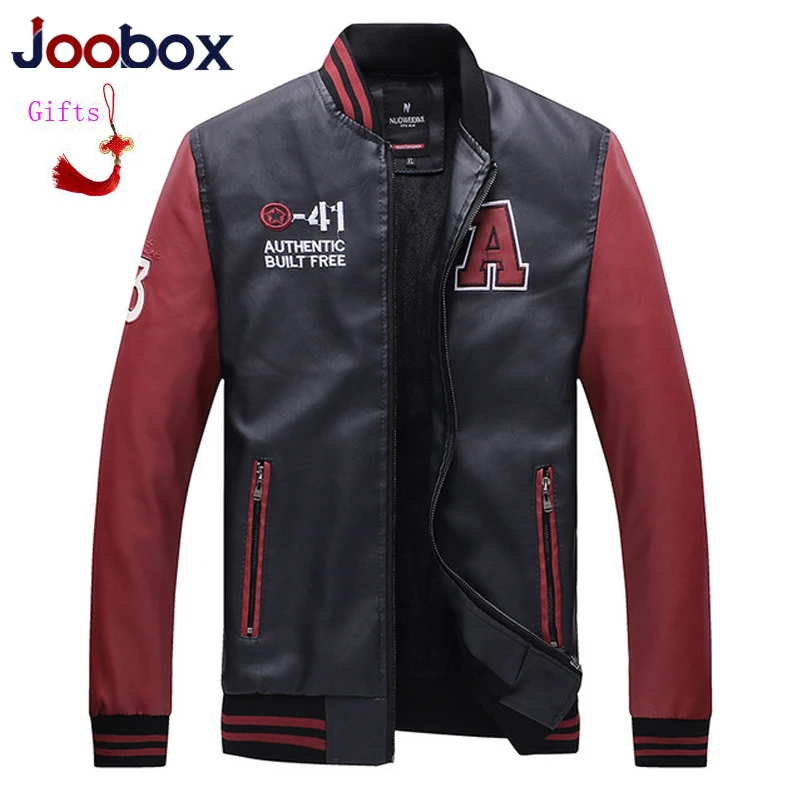 

JOOBOX Luxury 2019 Baseball Jackets Men Letter Stand Collar Pu Leather Coats modis Plus Size Fleece Pilot Leather Jacket hombre