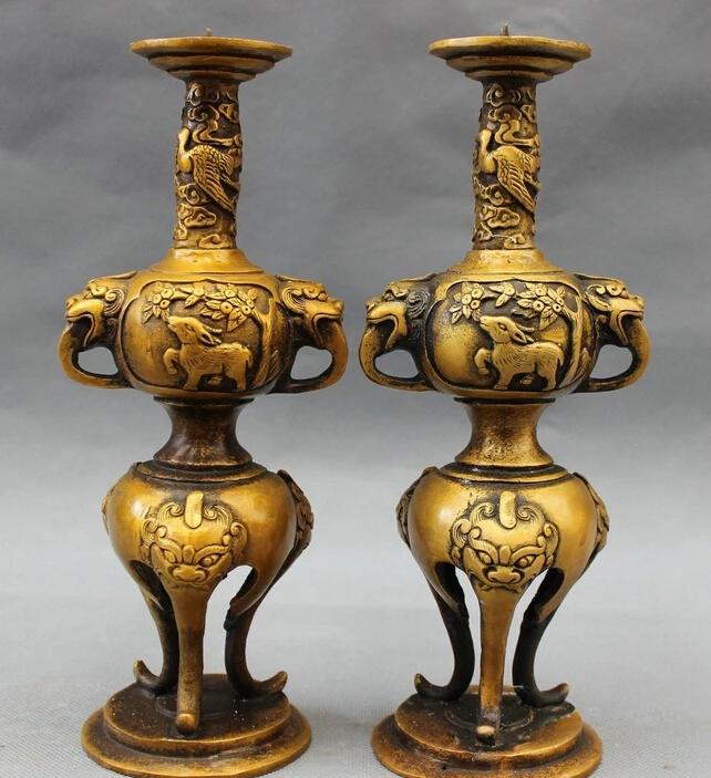 

9" Chinese Bronze Buddhism Kylin Lion Deer Crane Statue Candle Stick Holder Pair
