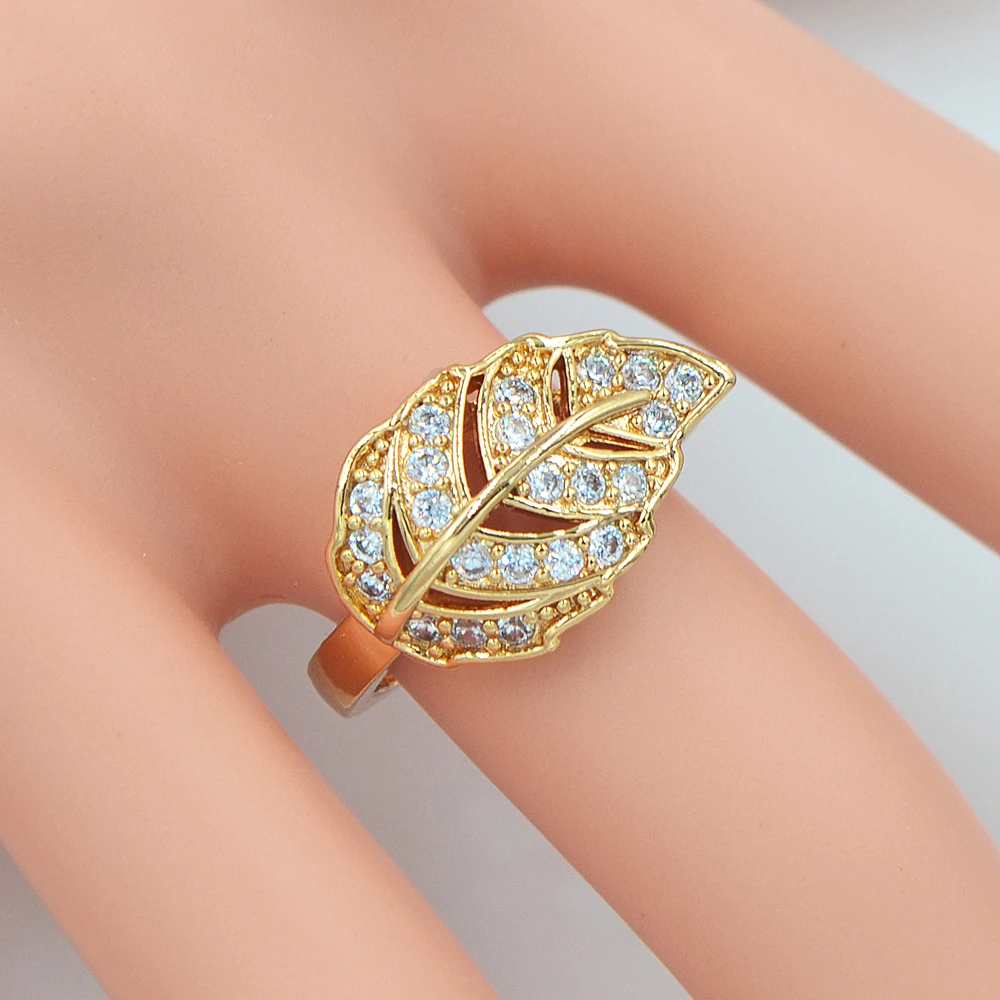 

Fashion Women Gold Color Clear Cubic Zirconia CZ Leaf Anniversary Ring Jewelry
