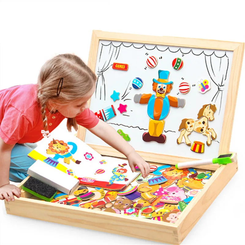 100 + pièces en bois magnétique Puzzle Figure/animaux/véhicule/cirque planche à dessin 5 styles boîte jouet éducatif cadeau