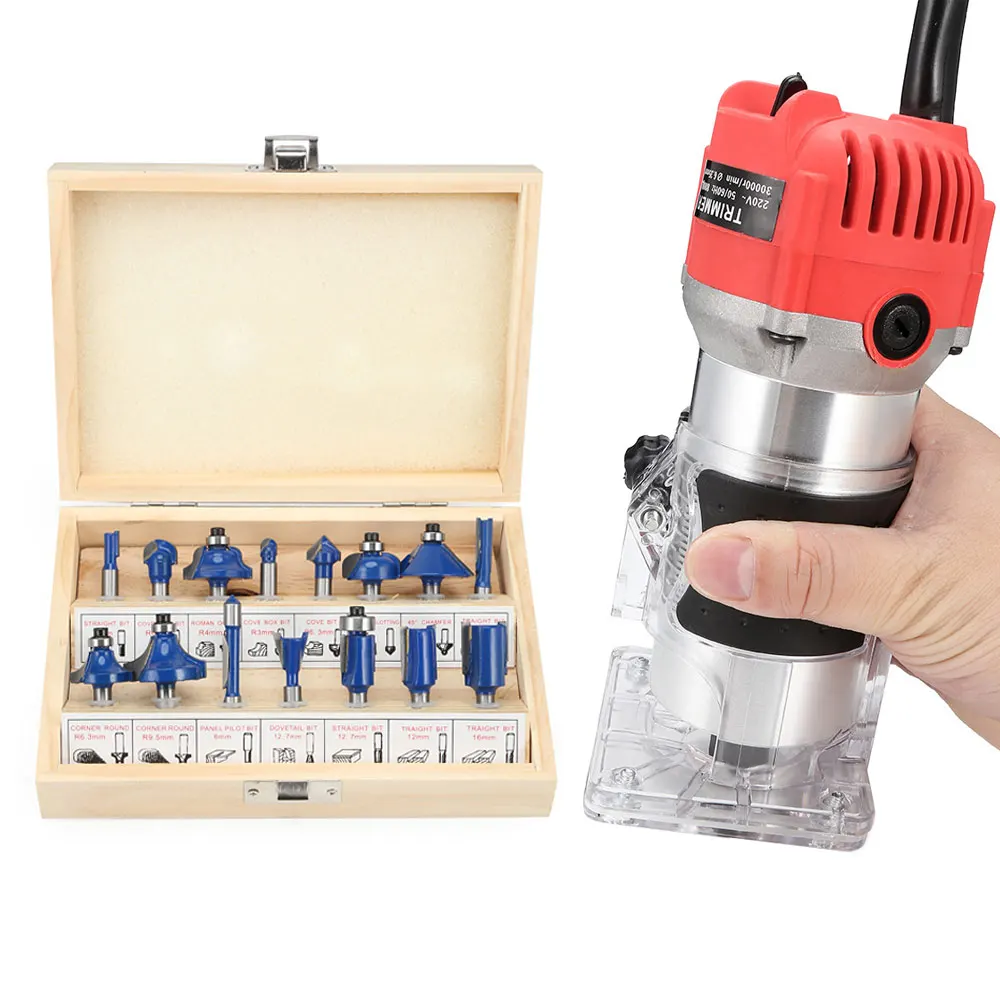 

Electric Wood Trimmer Wood Router + 15pcs 1/4 shank Router Bit Milling Cutter Power Tools Set For Wood Carving Slotting Trimming