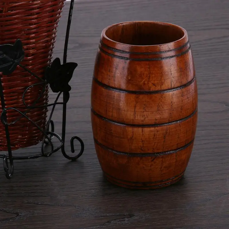 Classical Bucket Design Wood Cup Big Belly Beer Cup Carved Three line