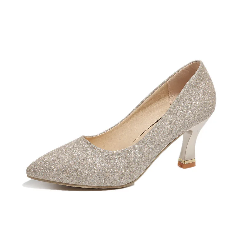 Весенняя блестящая женская обувь; женские туфли-лодочки на высоком каблуке; женские свадебные туфли с острым носком; женская летняя обувь; tacones mujer; WSH3195 - Цвет: Бежевый