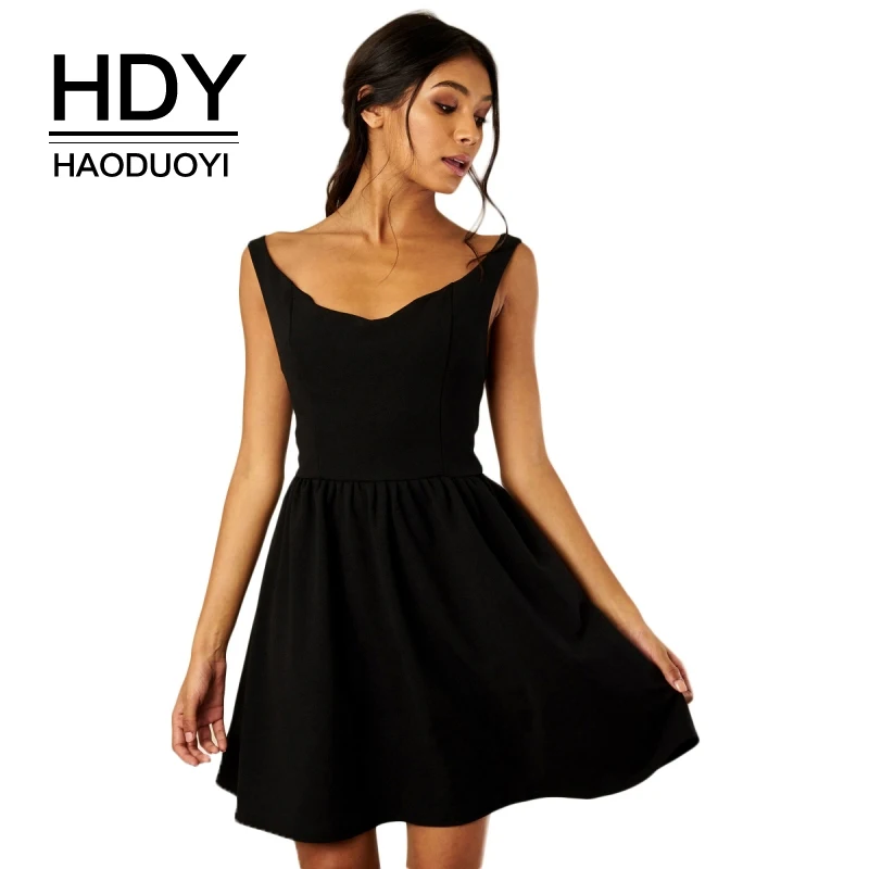 

HDY Haoduoyi Brand Women Black Sexy Mini Dresses Sleeveless Cold Shoulder Zipper Back High Waist Female A-Line Party Vestidos