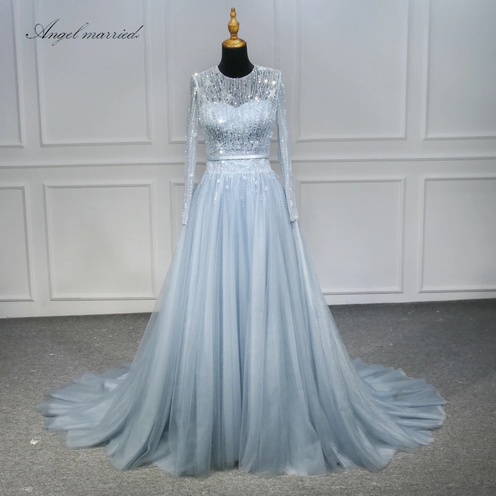 elegant blue Evening Dresses long sleeve banquet dress beaded women pageant gown a line tulle prom dress vestido de festa