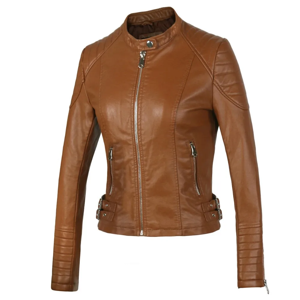 2020 Fashion Women Elegant Zipper Faux Leather Biker Jacket in Brown Black Slim Ladies Coat Casual brand Motorcycle Leather Coat