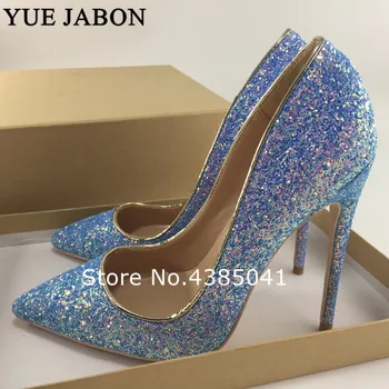 

New 2019 Womens Thin High Heels Pumps Sexy Glitter Leather Bright Pointed Toe Scarpins Female Stiletto Purple Blue Bling Shoes