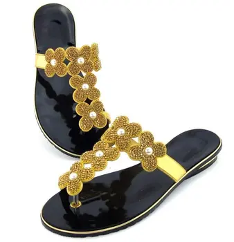 

Beautiful gold women sandals with flower rhinestone design african black low heel shoes for dress V41-1