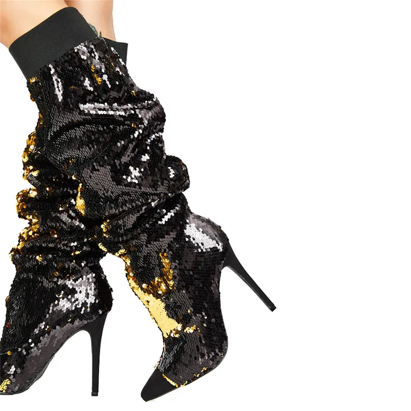 

ARQA spring and autumn fashion women's pointed toe Stilettos high heels boot The sequins are tight to the knee boot