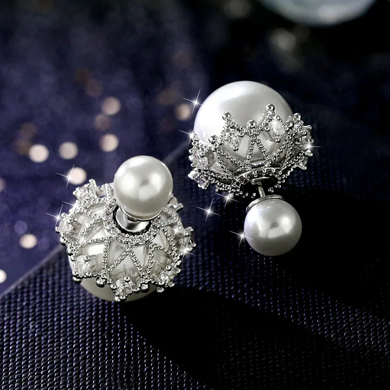 

YAAMELI Luxurious Women/Girls Double Side Imitation Pearls Crystal Stud Earrings 925 Sterling Silver For Women Girls Lovers