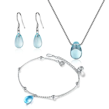 

ANENJERY S925 Stamp Silver Color Blue Crystal Water Drop Tears Necklace+Earrings+Bracelet For Women Jewelry Sets