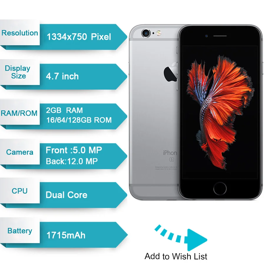 Apple iPhone 6S, 2 Гб ОЗУ, 16 ГБ, 64 ГБ, 128 Гб ПЗУ, 4,7 дюймов, iOS, двухъядерный, МП камера, отпечаток пальца, разблокирован, 4G LTE, мобильный телефон