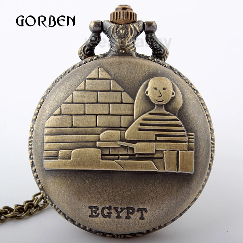 

Bronze Retro EGYPT Pyramid Pocket Watch Necklace Pendant Chain Round dial Quartz Fob watches Reloj De Bolsillo